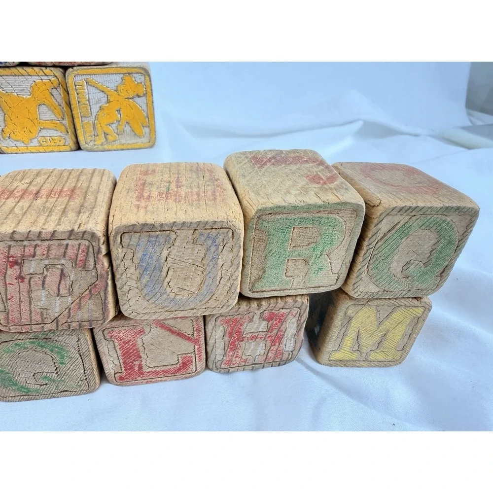 Vintage Wooden Alphabet Blocks‎ ABC Picture Toy Set 44 Nursery Rhyme Animals